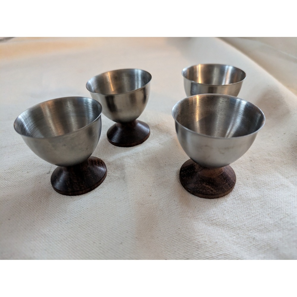 Set of 4 Egg Cups MCM Mid Century Danish Modern Stainless Steel and Wood
